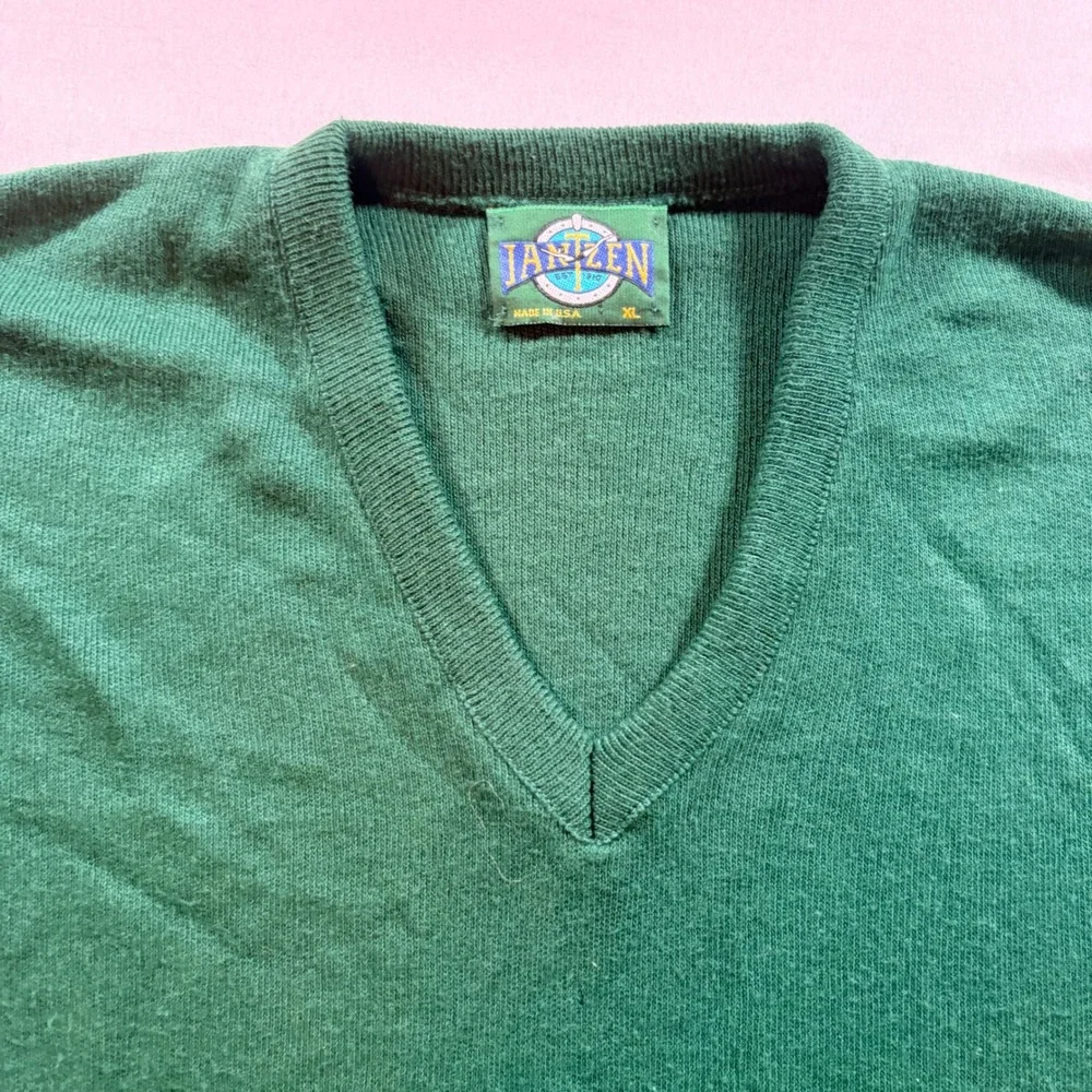 Jantzen V-Neck Sweater Mens XL Green Vintage Made in USA Knit Pullover Classic